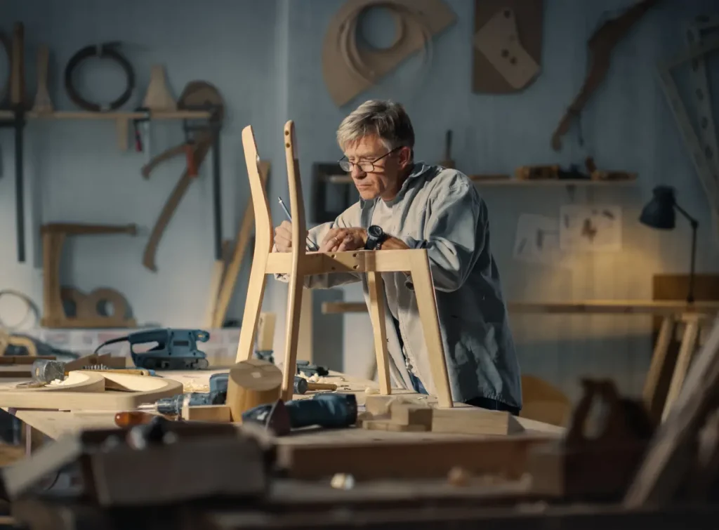 Una persona que lleva gafas y una camisa gris se centra en la carpintería, montando una silla de madera en un taller. El espacio de trabajo está lleno de diversas herramientas y piezas de madera, con estantes y un banco de trabajo visibles al fondo.